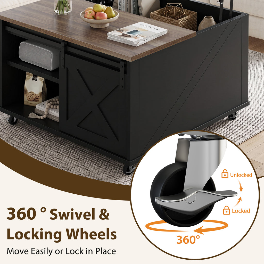 Meilocar Lift Top Coffee Table with Wheels 31" Square - Farmhouse, Black Features a rustic wood lift top, hidden storage, adjustable shelf, and sliding barn door to keep living rooms organized.