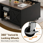 Meilocar Lift Top Coffee Table with Wheels 31" Square - Farmhouse, Black Features a rustic wood lift top, hidden storage, adjustable shelf, and sliding barn door to keep living rooms organized.