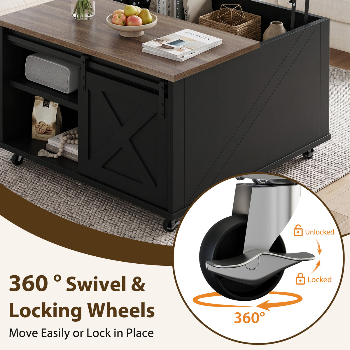 Meilocar Lift Top Coffee Table with Wheels 31" Square - Farmhouse, Black Features a rustic wood lift top, hidden storage, adjustable shelf, and sliding barn door to keep living rooms organized.