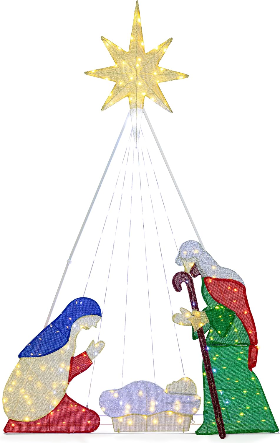 Meilocar 6FT Lighted Nativity Scene Outdoor Christmas Decoration, 4 PC Set Pre-Lit Holy Family Set Mary Joseph Jesus North Star with 240 LED Lights for Lawn Yard Patio