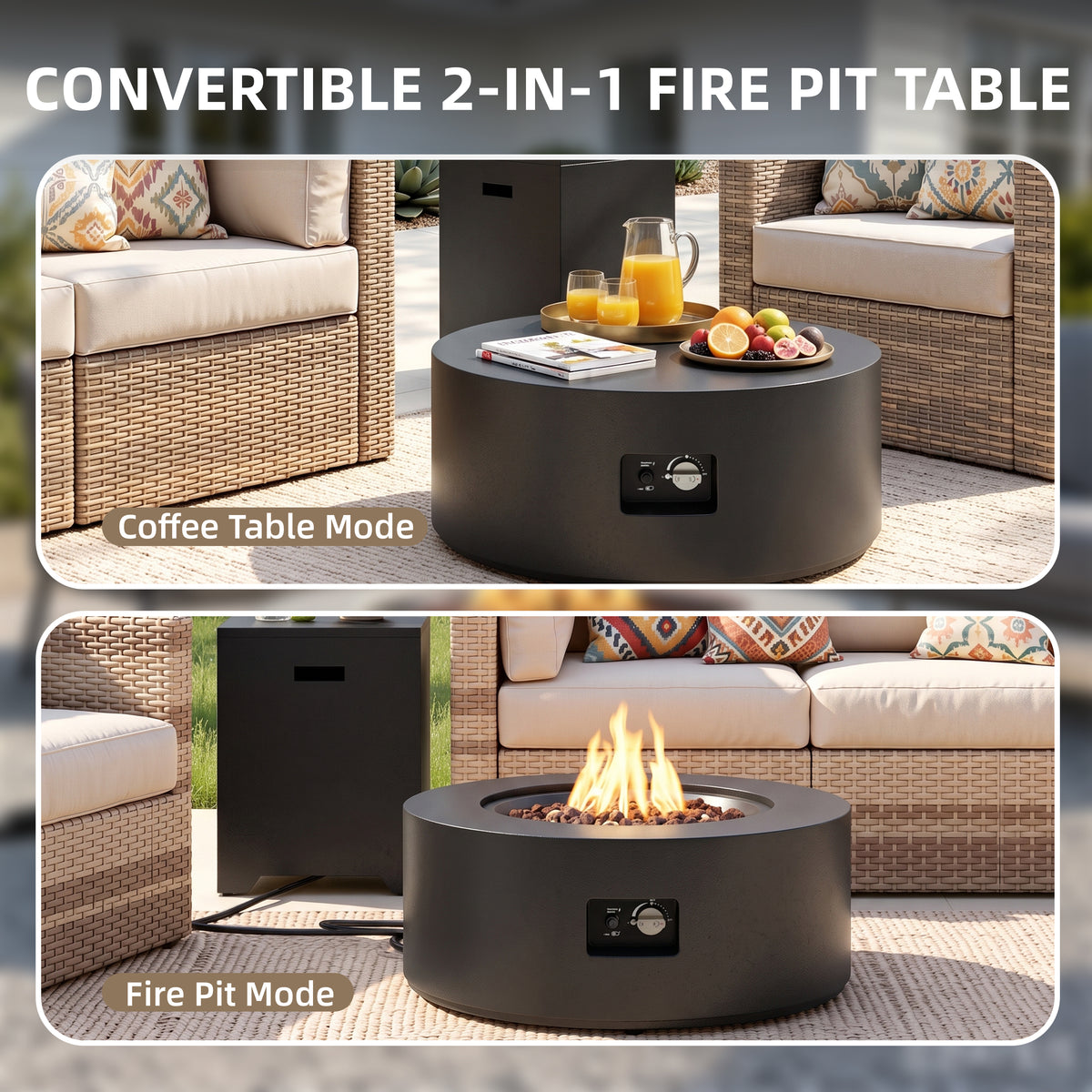 Meilocar 2-Piece Propane Fire Pit Table Set, 30 Inch 50,000 BTU, Includes Propane Tank Storage Side Table, Removable Flat Lid, Lava Rocks, Weather-Resistant Design for Outdoor Patio Deck