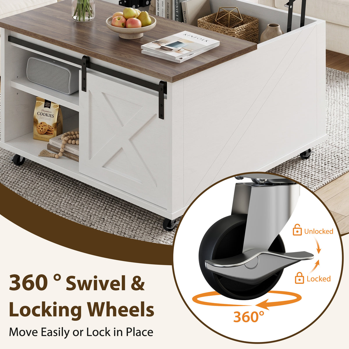 Meilocar Lift Top Coffee Table with Wheels 31" Square - Farmhouse, Black Features a rustic wood lift top, hidden storage, adjustable shelf, and sliding barn door to keep living rooms organized.