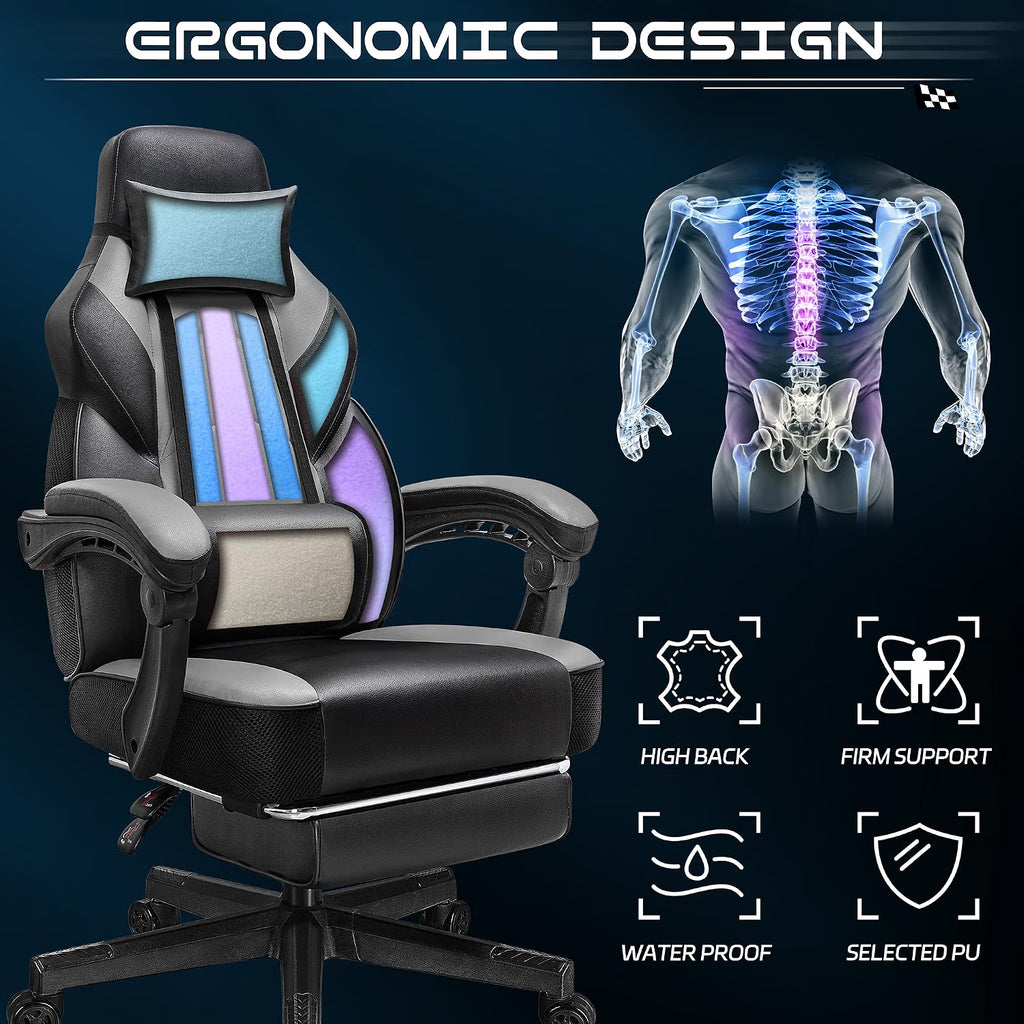 Meilocar Gaming Chair for Adult, Computer Chair with Footrest Video Game Chair Big and Tall Gaming Chair with Massage Lumbar Support, Adjustable Height and 360° Swivel Seat