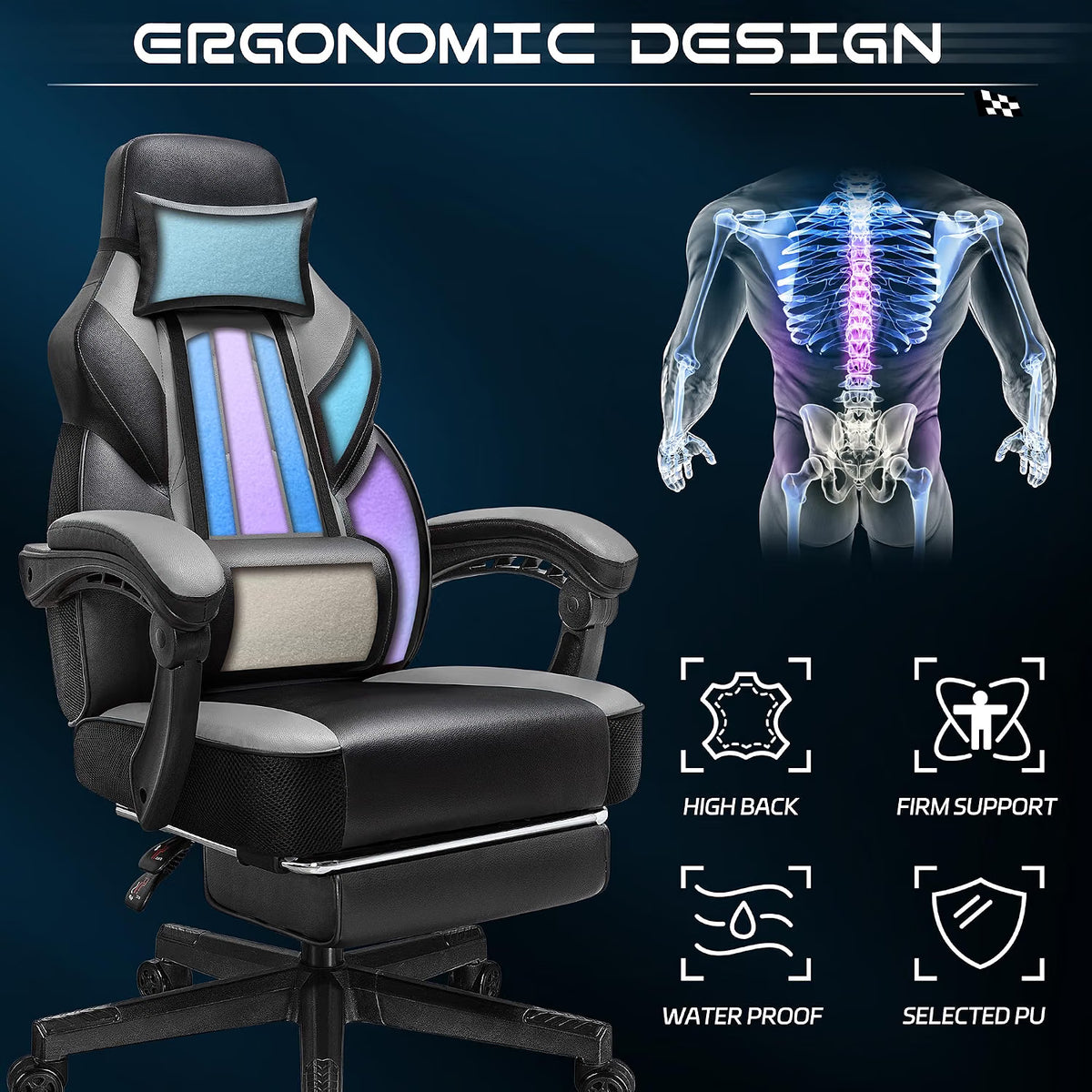 Meilocar Gaming Chair for Adult, Computer Chair with Footrest Video Game Chair Big and Tall Gaming Chair with Massage Lumbar Support, Adjustable Height and 360° Swivel Seat