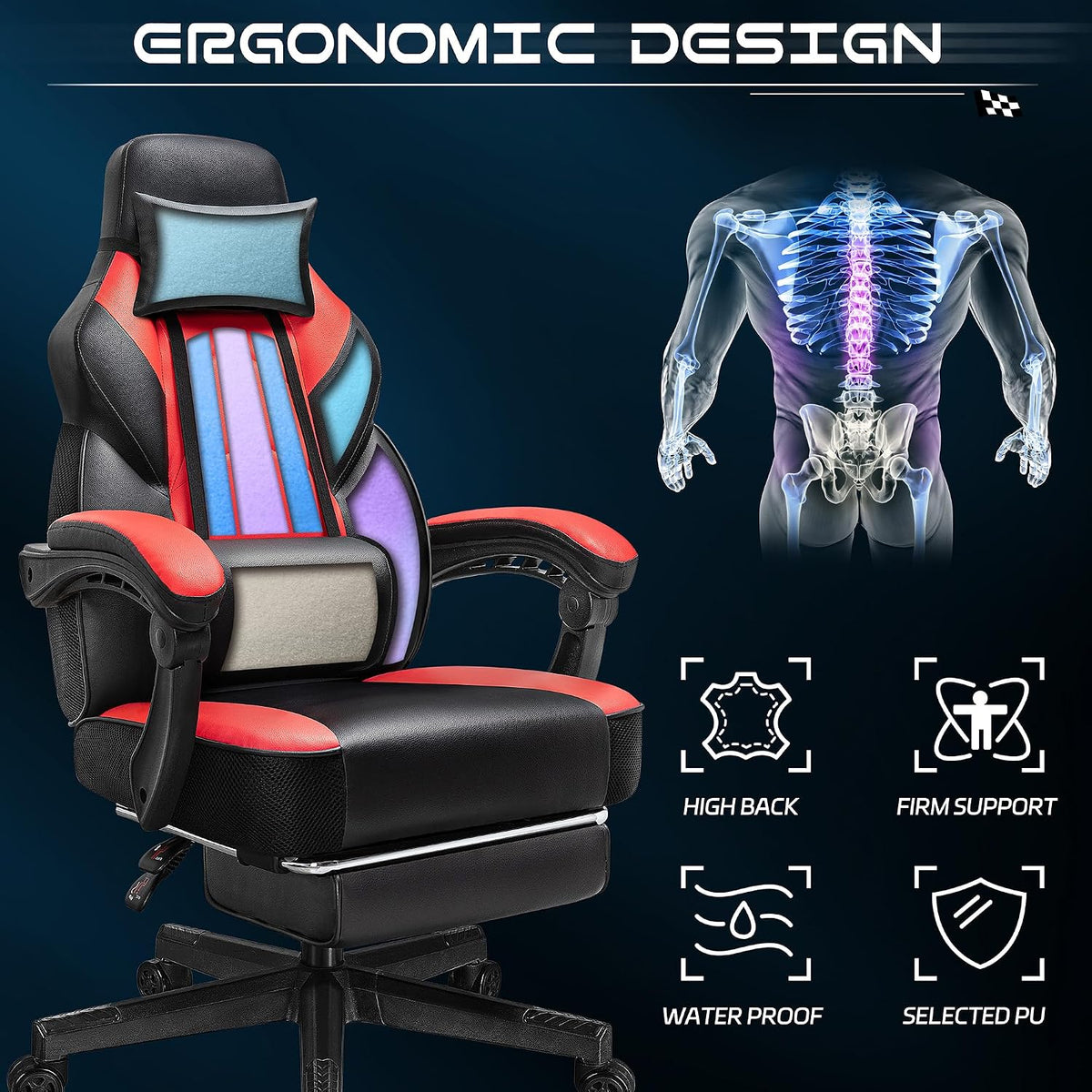 Meilocar Gaming Chair for Adults, Video Game Chair with Footrest, Big and Tall Gaming Chair Heavy Duty Computer Chair with Massage Lumbar, Ergonomic Adjustable Height and 360° Swivel Seat, PU Leather
