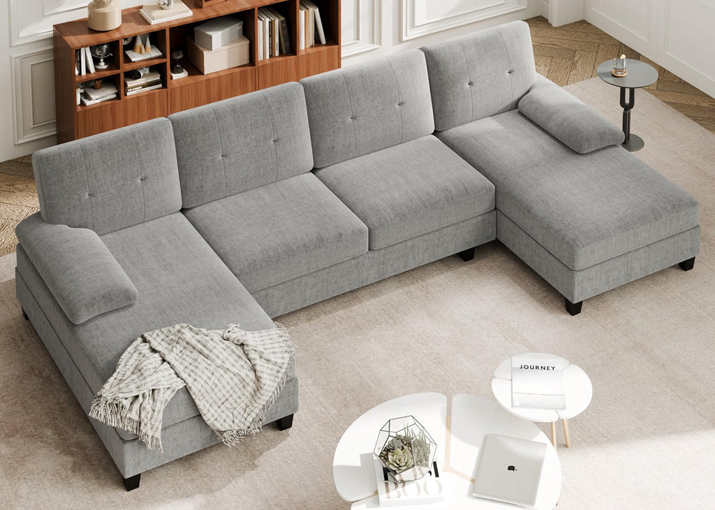 Meilocar Sectional Couches for Living Room, U Shaped Couch Sectional Sofa with Chaise, 4 Seat Sofa Couch for Apartment, Sectionals Couches Linen, Striped Grey