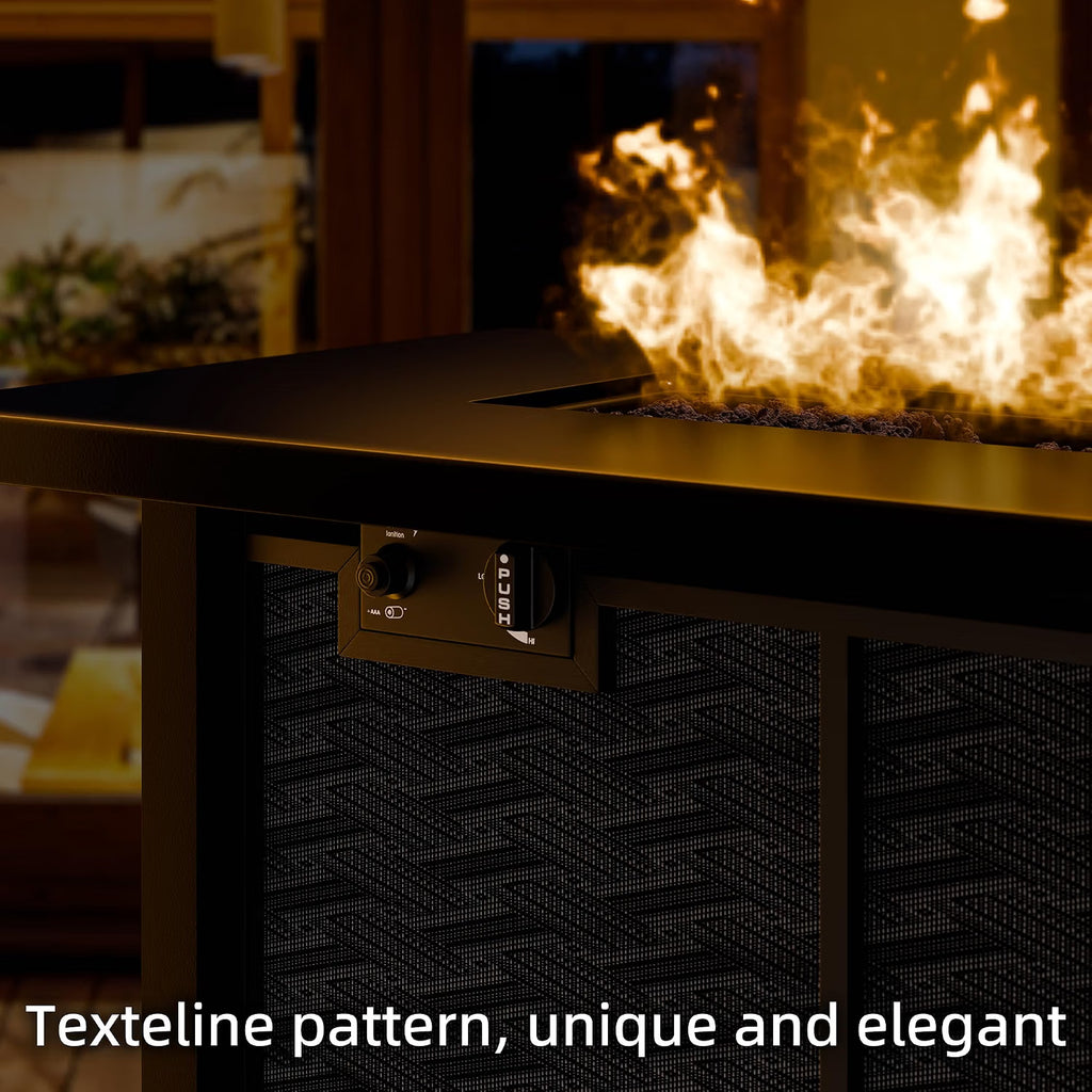 Meilocar Propane Fire Table, 43 in Outdoor Fire Pit Table with Lava Rocks, 50,000 BTU Rectangular Fire Table with Lid and Rain Cover, 2-in-1 Firepit Table for Patio, Backyard, Balcony