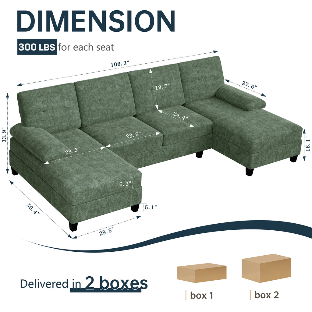 Meilocar Sectional Couches for Living Room, 106 in U Shaped Couch Soft Sectional Sofa with Double Chaise, Comfortable 4 Seat Couch