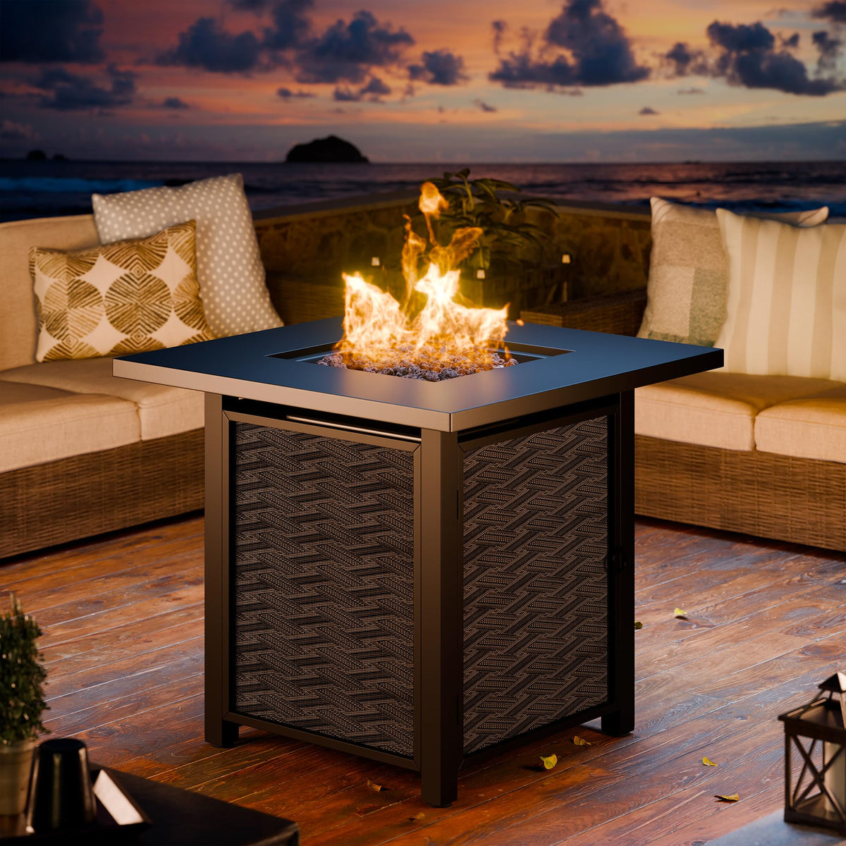 Meilocar Propane Fire Table, 43 in Outdoor Fire Pit Table with Lava Rocks, 50,000 BTU Rectangular Fire Table with Lid and Rain Cover, 2-in-1 Firepit Table for Patio, Backyard, Balcony