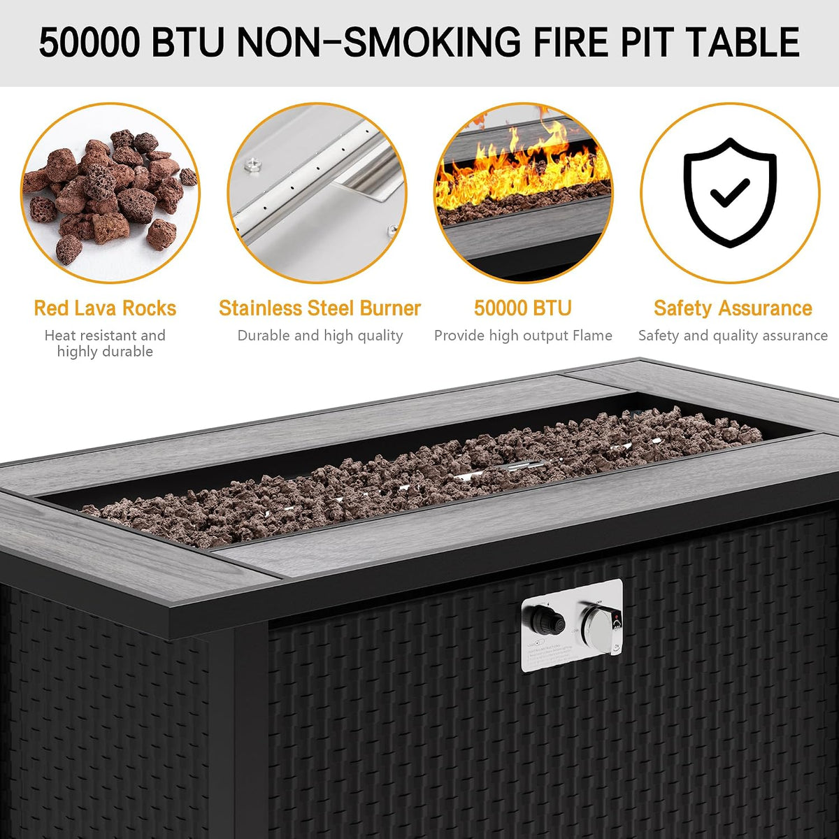 45in Fire Table, Propane Fire Pit with Glass Wind Guard and Rain Cover, Outdoor Firepit Table 50000 BTU 3-in-1 Fire Table for Patio/Yard/Balcony