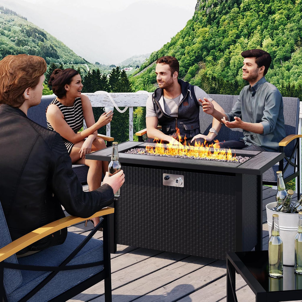 45in Fire Table, Propane Fire Pit with Glass Wind Guard and Rain Cover, Outdoor Firepit Table 50000 BTU 3-in-1 Fire Table for Patio/Yard/Balcony