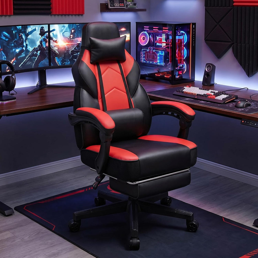 Meilocar Gaming Chair for Adults, Video Game Chair with Footrest, Big and Tall Gaming Chair Heavy Duty Computer Chair with Massage Lumbar, Ergonomic Adjustable Height and 360° Swivel Seat, PU Leather