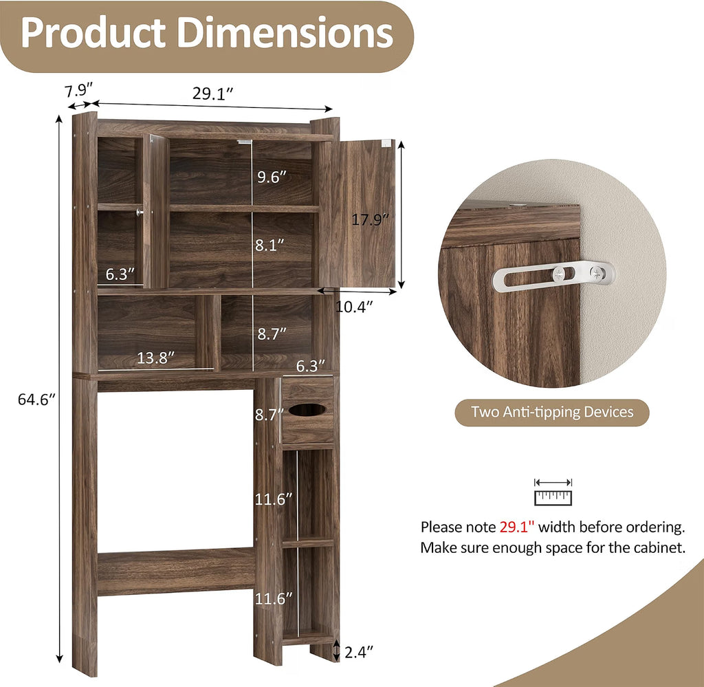 Meilocar Over the Toilet Storage Cabinet, Bathroom Over Toilet Storage Cabinet, Bathroom Storages Organizer Cabinets with Toilet Paper Holder and Adjustable Shelf, Walnut