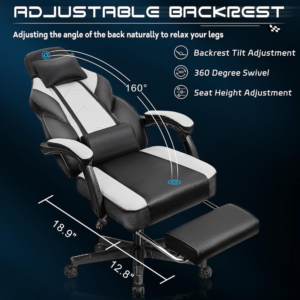 Meilocar Gaming Chair for Adults, Video Game Chair with Footrest, Big and Tall Gaming Chair Heavy Duty Computer Chair with Massage Lumbar, Ergonomic Adjustable Height and 360° Swivel Seat, PU Leather