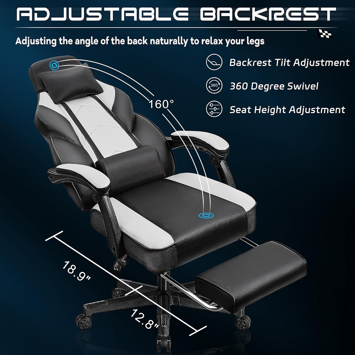 Meilocar Gaming Chair for Adults, Video Game Chair with Footrest, Big and Tall Gaming Chair Heavy Duty Computer Chair with Massage Lumbar, Ergonomic Adjustable Height and 360° Swivel Seat, PU Leather