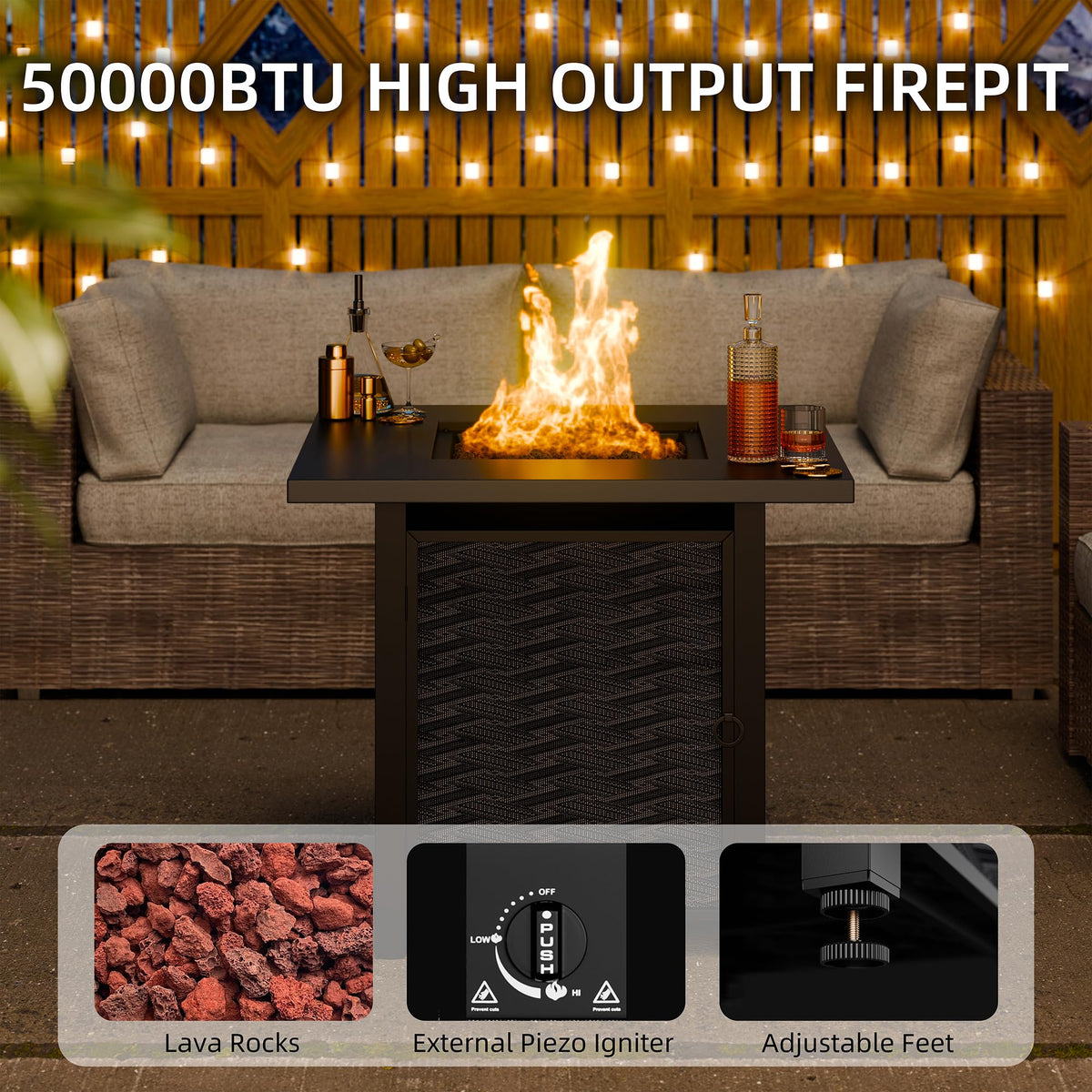 Meilocar Propane Fire Table, 43 in Outdoor Fire Pit Table with Lava Rocks, 50,000 BTU Rectangular Fire Table with Lid and Rain Cover, 2-in-1 Firepit Table for Patio, Backyard, Balcony