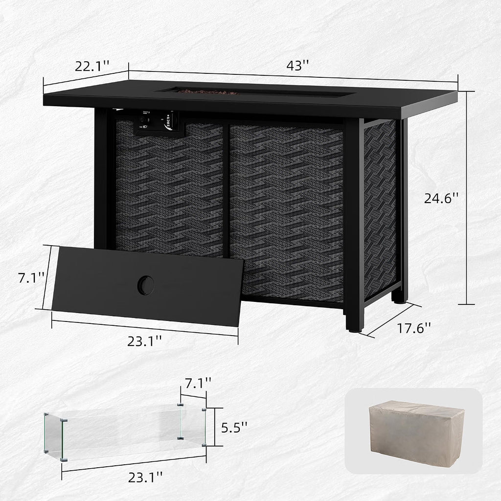 Meilocar Propane Fire Table, 43 in Outdoor Fire Pit Table with Lava Rocks, 50,000 BTU Rectangular Fire Table with Lid and Rain Cover, 2-in-1 Firepit Table for Patio, Backyard, Balcony