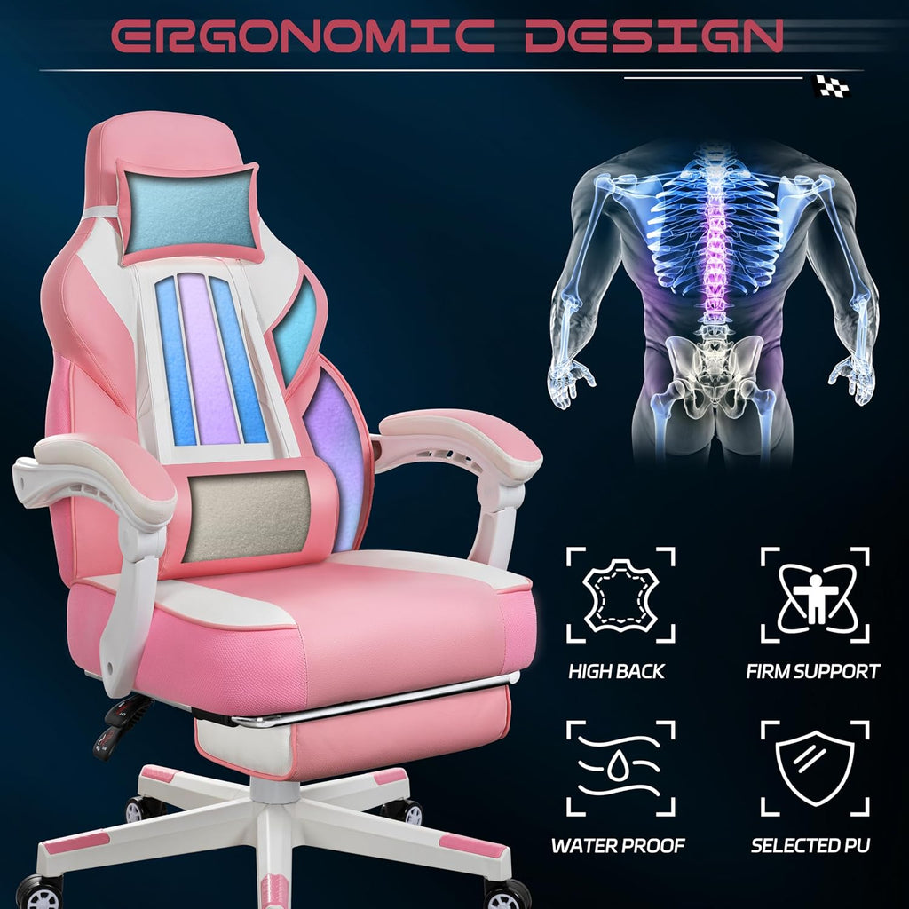 Meilocar Gaming Chair for Adults, Video Game Chair with Footrest, Big and Tall Gaming Chair Heavy Duty Computer Chair with Massage Lumbar, Ergonomic Adjustable Height and 360° Swivel Seat, PU Leather
