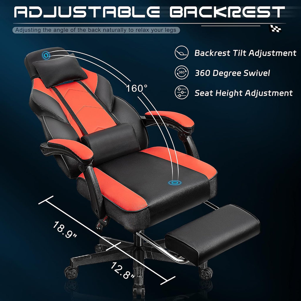 Meilocar Gaming Chair for Adults, Video Game Chair with Footrest, Big and Tall Gaming Chair Heavy Duty Computer Chair with Massage Lumbar, Ergonomic Adjustable Height and 360° Swivel Seat, PU Leather