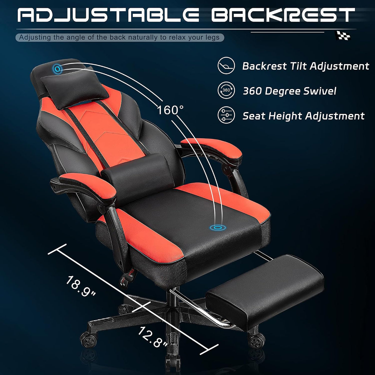 Meilocar Gaming Chair for Adults, Video Game Chair with Footrest, Big and Tall Gaming Chair Heavy Duty Computer Chair with Massage Lumbar, Ergonomic Adjustable Height and 360° Swivel Seat, PU Leather