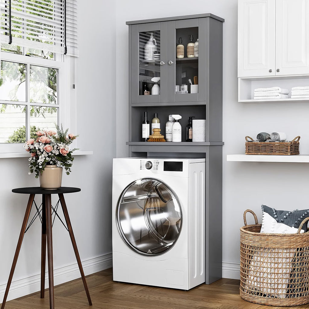Meilocar Over the Toilet Storage Cabinet for Bathroom, Storage Organizer Over Toilet, Bathroom Space Saver with Tempered Glass Doors