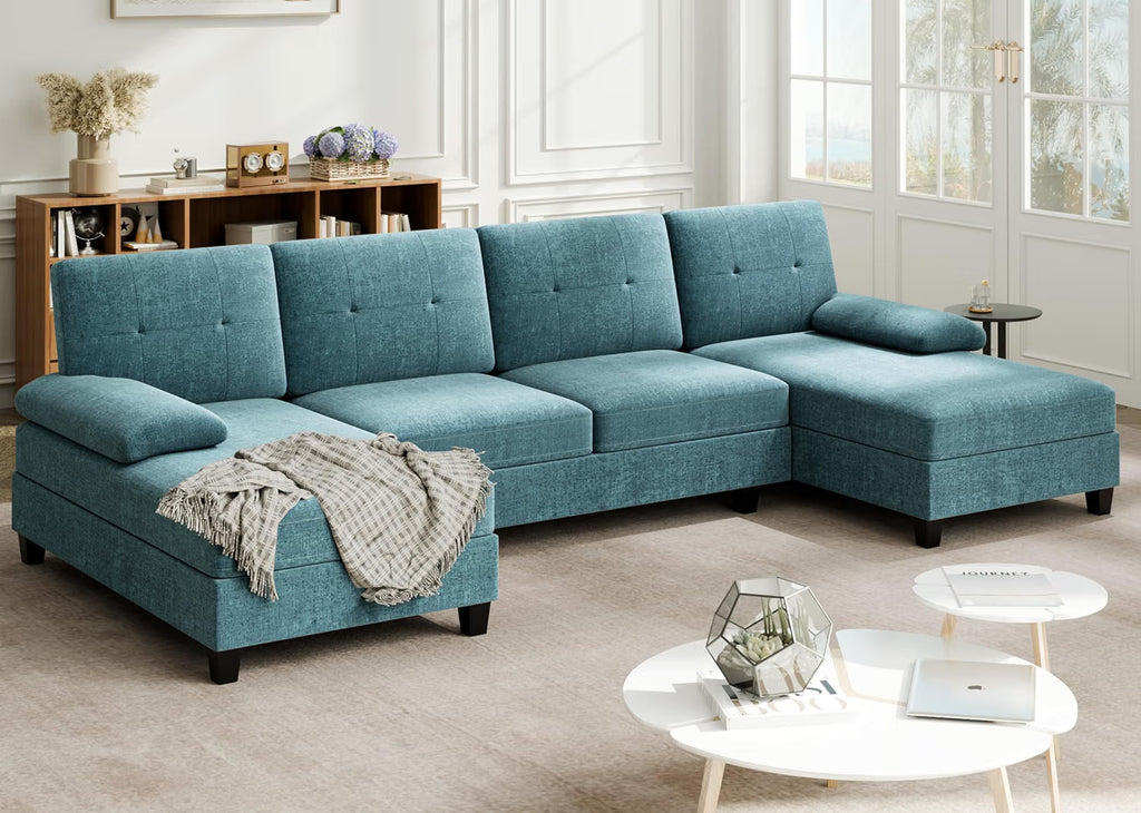 Meilocar Sectional Couches for Living Room, U Shaped Couch 4 Seat Sofa with Removable Pillows for Apartment and Small Space (Striped Blue)