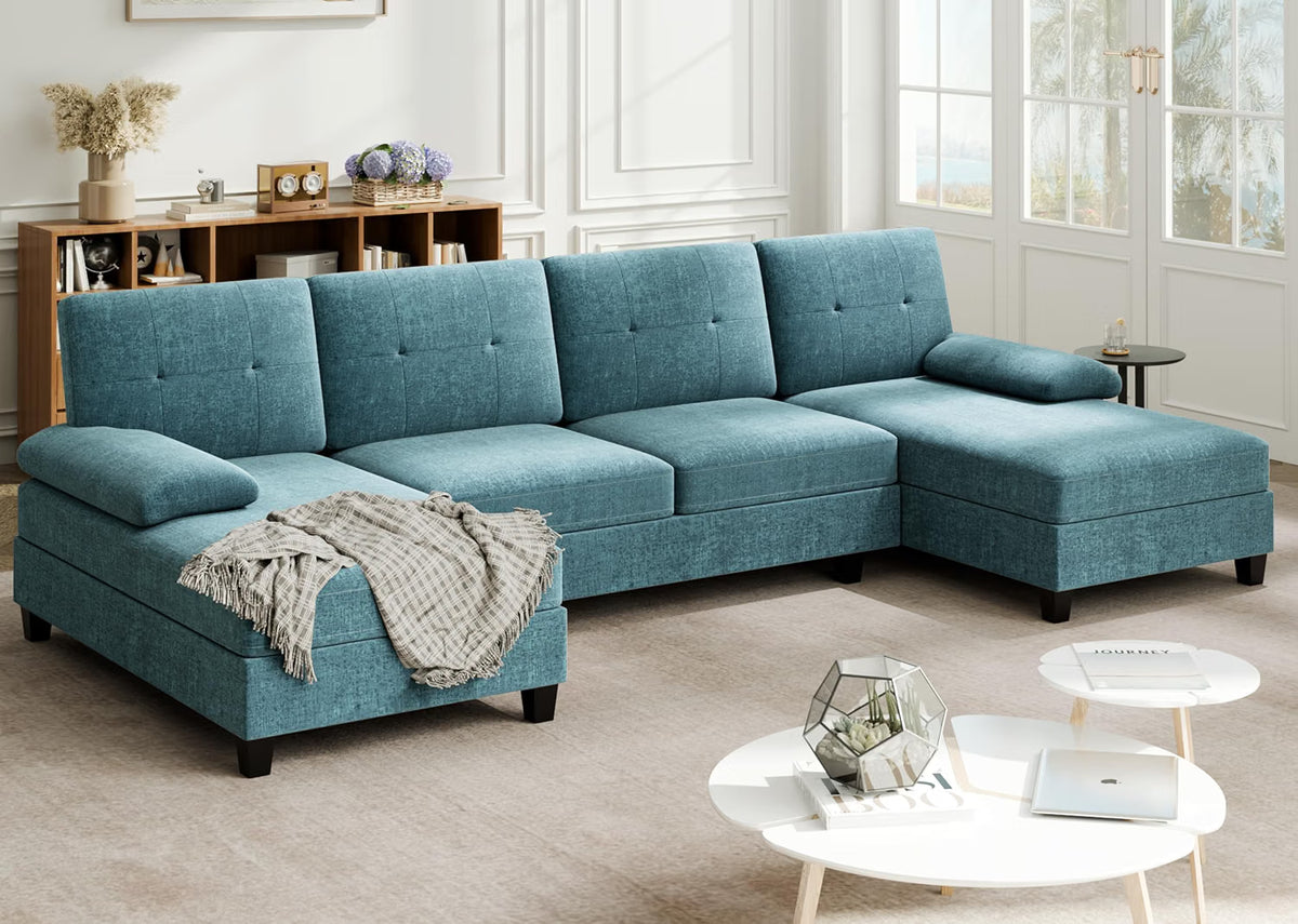 Meilocar Sectional Couches for Living Room, U Shaped Couch 4 Seat Sofa with Removable Pillows for Apartment and Small Space (Striped Blue)