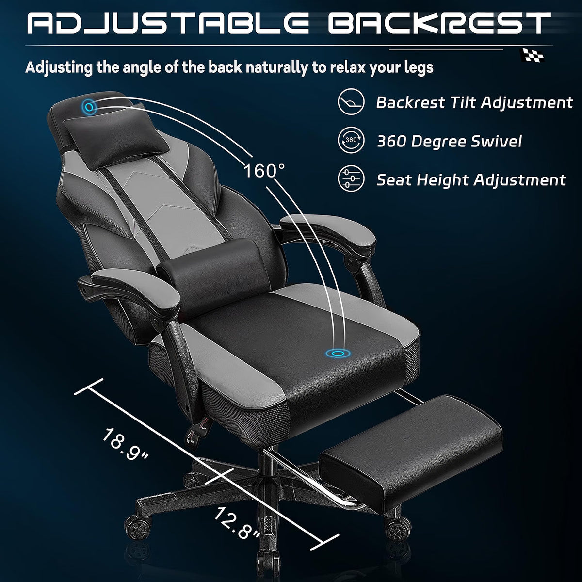 Meilocar Gaming Chair for Adult, Computer Chair with Footrest Video Game Chair Big and Tall Gaming Chair with Massage Lumbar Support, Adjustable Height and 360° Swivel Seat