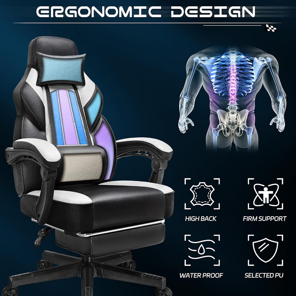Meilocar Gaming Chair for Adults, Video Game Chair with Footrest, Big and Tall Gaming Chair Heavy Duty Computer Chair with Massage Lumbar, Ergonomic Adjustable Height and 360° Swivel Seat, PU Leather