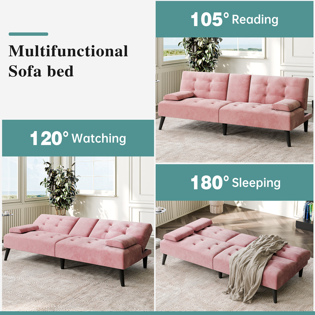 Meilocar 64" Futon Sofa Bed, Small Loveseat, Cup Holders, Small Couch with 3 Adjustable Angles, Removable Armrests, Small Sofa for Apartment, 5.3 FT