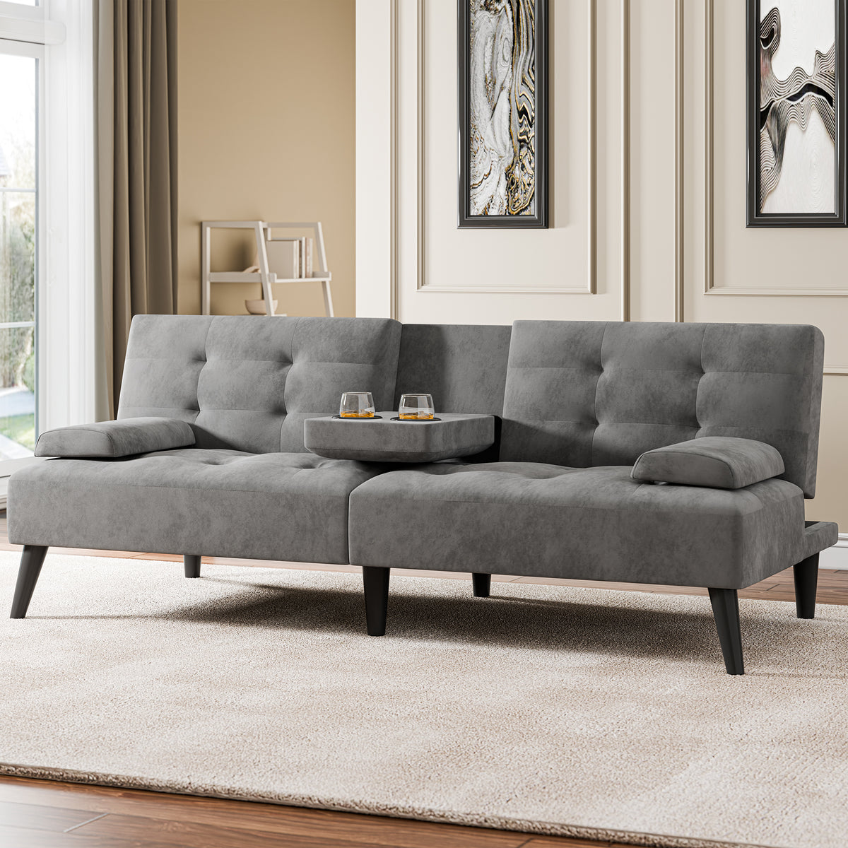 Meilocar 64" Futon Sofa Bed, Small Loveseat, Cup Holders, Small Couch with 3 Adjustable Angles, Removable Armrests, Small Sofa for Apartment, 5.3 FT