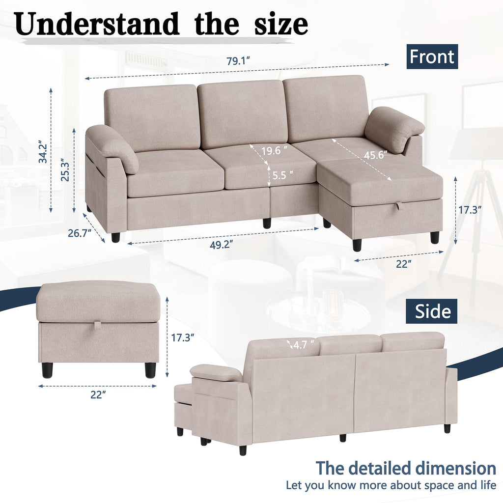 Meilocar Sectional Couch for Living Room, 79in Sectional Sofa with Ottoman, L Shaped Couch with Armrests Side Storage Pockage, 3-Seat Sofa Couches for Apartment, Black