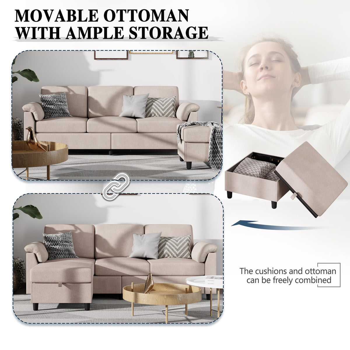 Meilocar Sectional Couch for Living Room, 79in Sectional Sofa with Ottoman, L Shaped Couch with Armrests Side Storage Pockage, 3-Seat Sofa Couches for Apartment, Black