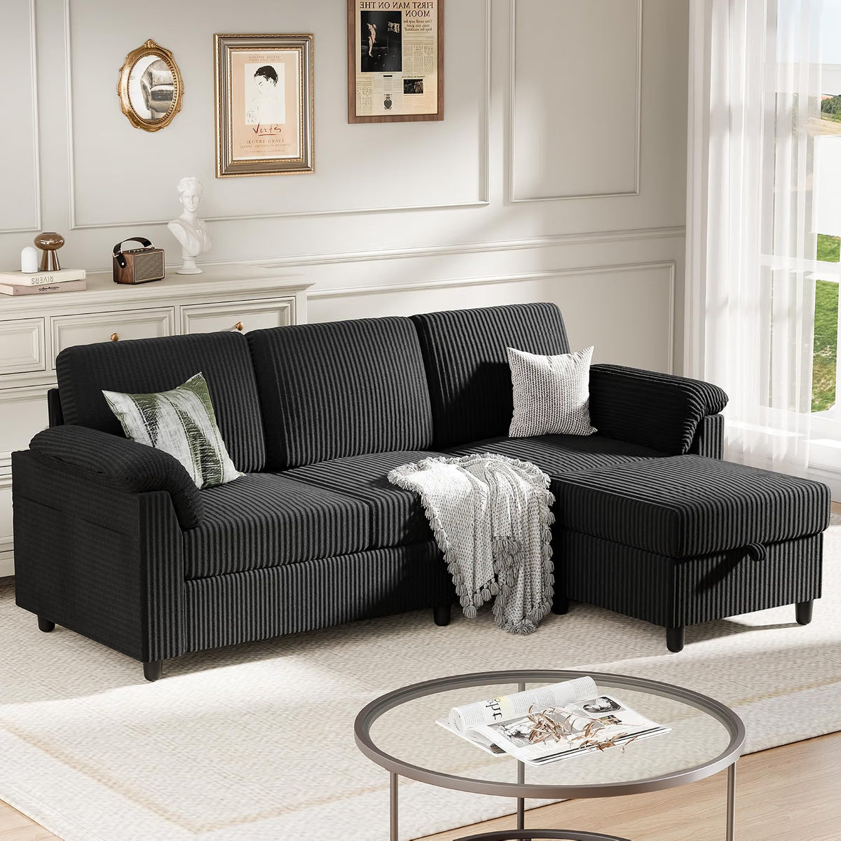Meilocar Sectional Couch for Living Room, 79in Sectional Sofa with Ottoman, L Shaped Couch with Armrests Side Storage Pockage, 3-Seat Sofa Couches for Apartment, Black