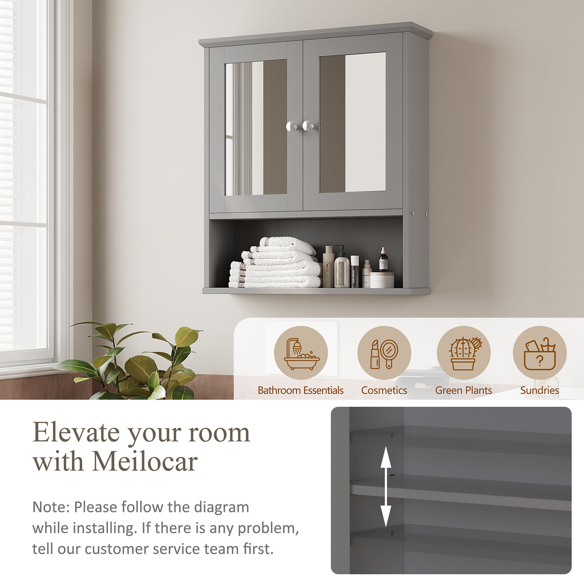 Meilocar Bathroom Wall Cabinet with Mirror, Bathroom Mirror Cabinet Wall Mounted, Over Toilet Medicine Cabinets with Adjustable Shelf, Large Capacity