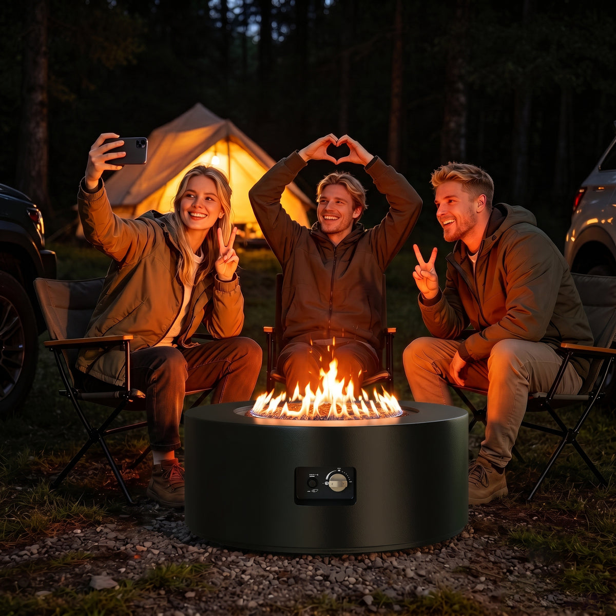 Meilocar 2-Piece Propane Fire Pit Table Set, 30 Inch 50,000 BTU, Includes Propane Tank Storage Side Table, Removable Flat Lid, Lava Rocks, Weather-Resistant Design for Outdoor Patio Deck