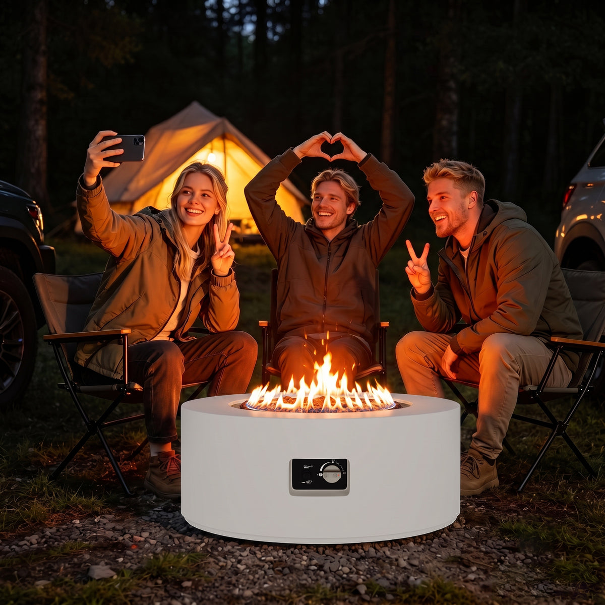 Meilocar 2-Piece Propane Fire Pit Table Set, 30 Inch 50,000 BTU, Includes Propane Tank Storage Side Table, Removable Flat Lid, Lava Rocks, Weather-Resistant Design for Outdoor Patio Deck