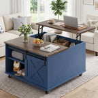 Meilocar Lift Top Coffee Table with Wheels 31" Square - Farmhouse, Black Features a rustic wood lift top, hidden storage, adjustable shelf, and sliding barn door to keep living rooms organized.