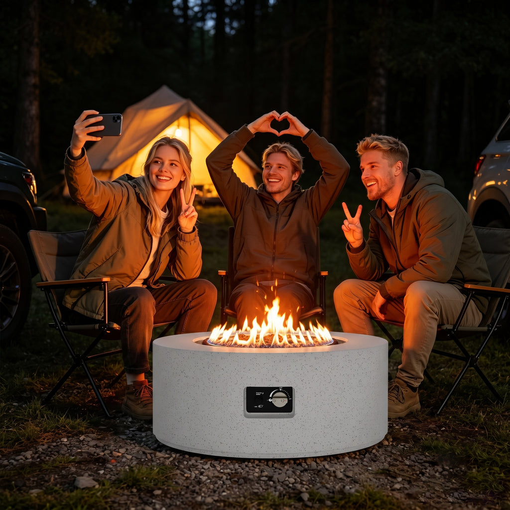 Meilocar 2-Piece Propane Fire Pit Table Set, 30 Inch 50,000 BTU, Includes Propane Tank Storage Side Table, Removable Flat Lid, Lava Rocks, Weather-Resistant Design for Outdoor Patio Deck
