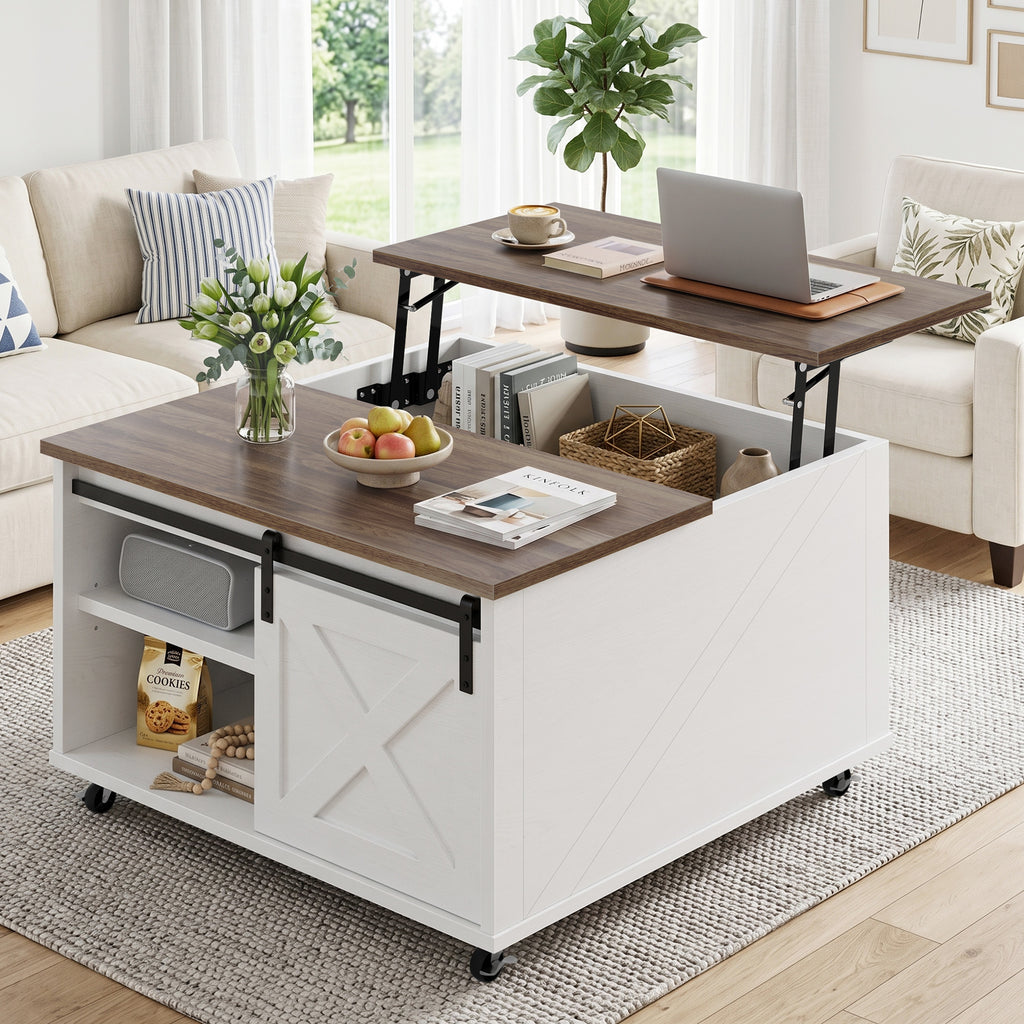 Meilocar Lift Top Coffee Table with Wheels 31" Square - Farmhouse, Black Features a rustic wood lift top, hidden storage, adjustable shelf, and sliding barn door to keep living rooms organized.
