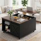 Meilocar Lift Top Coffee Table with Wheels 31" Square - Farmhouse, Black Features a rustic wood lift top, hidden storage, adjustable shelf, and sliding barn door to keep living rooms organized.