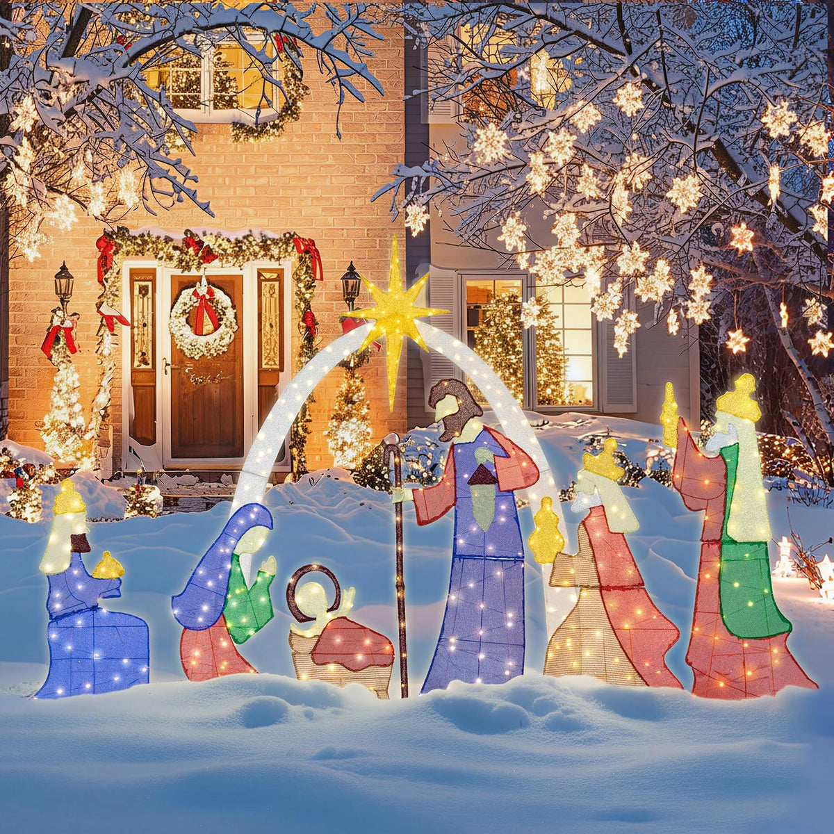 Meilocar 6FT Lighted Nativity Scene Outdoor Christmas Decoration, 4 PC Set Pre-Lit Holy Family Set Mary Joseph Jesus North Star with 240 LED Lights for Lawn Yard Patio