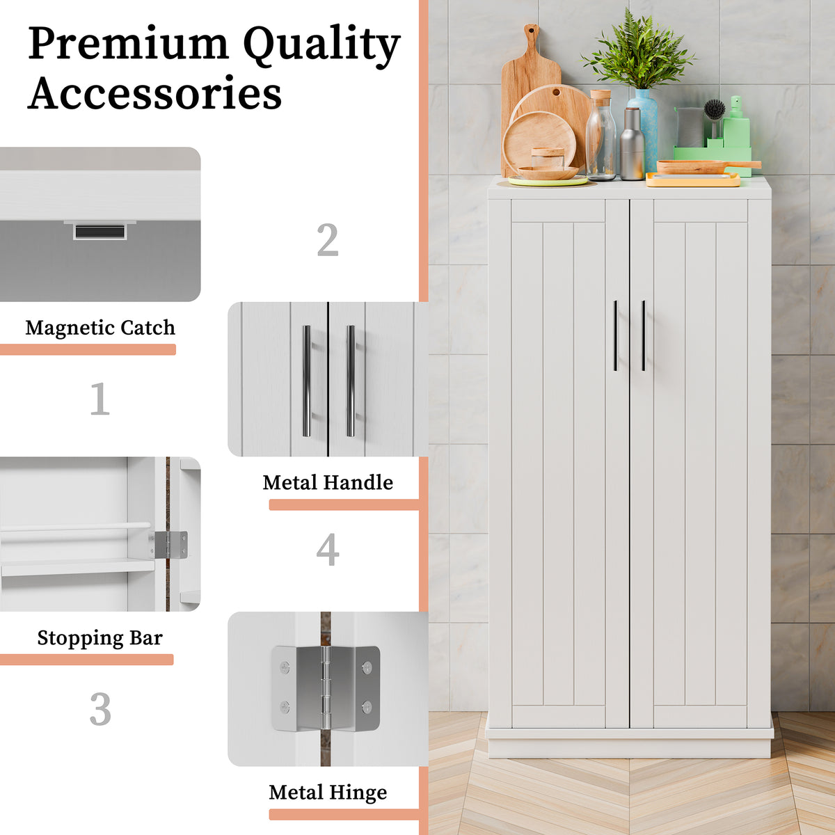 Meilocar 47in Kitchen Pantry Cabinet, Wood Kitchen Storage Pantry Cabinets Freestanding Pantries Cabinets with Doors & Adjustable Shelves