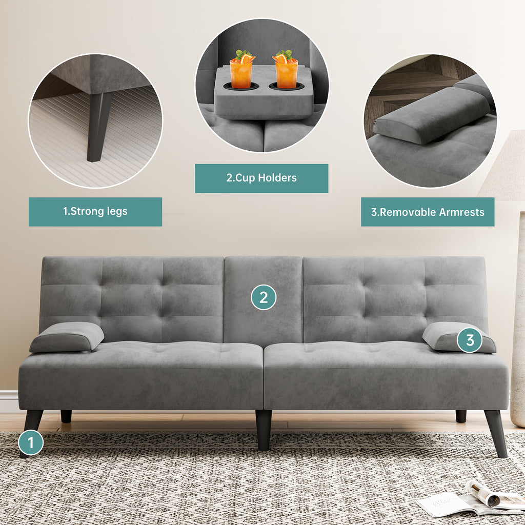 Meilocar 64" Futon Sofa Bed, Small Loveseat, Cup Holders, Small Couch with 3 Adjustable Angles, Removable Armrests, Small Sofa for Apartment, 5.3 FT
