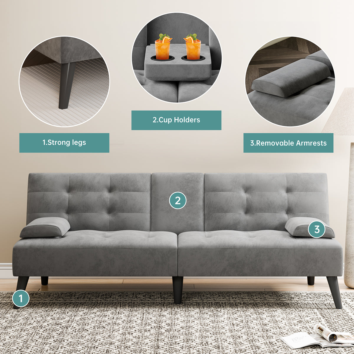 Meilocar 64" Futon Sofa Bed, Small Loveseat, Cup Holders, Small Couch with 3 Adjustable Angles, Removable Armrests, Small Sofa for Apartment, 5.3 FT