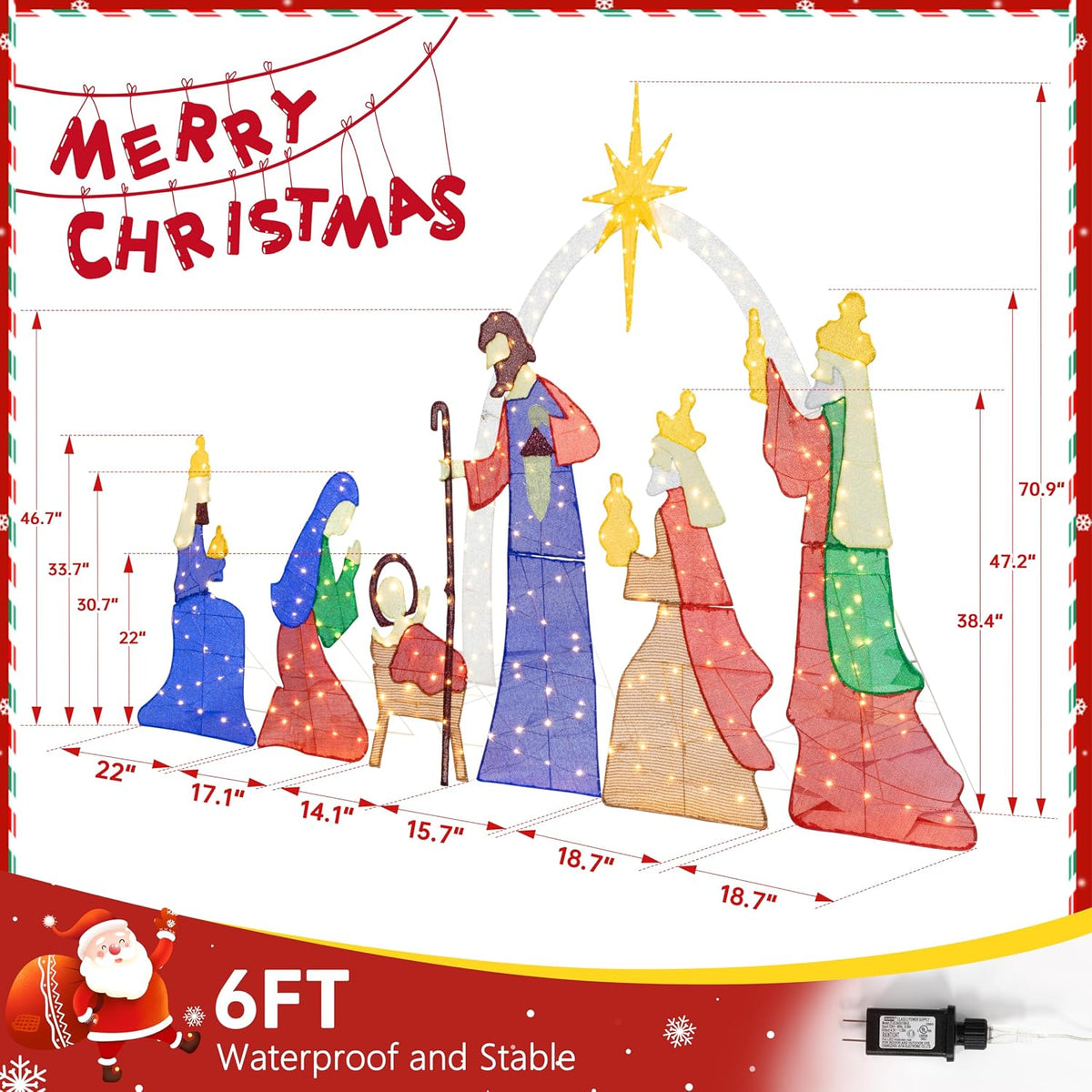 Meilocar 6FT Lighted Nativity Scene Outdoor Christmas Decoration, 4 PC Set Pre-Lit Holy Family Set Mary Joseph Jesus North Star with 240 LED Lights for Lawn Yard Patio