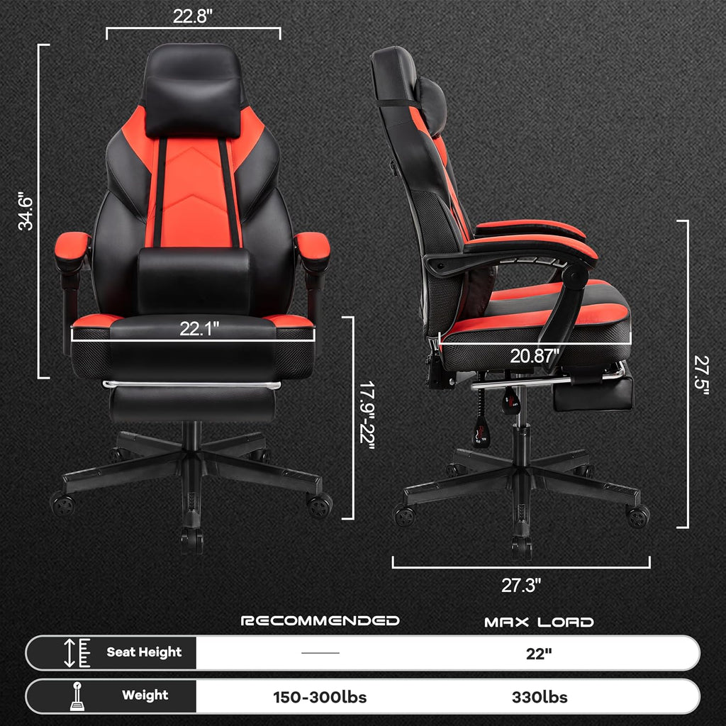 Meilocar Gaming Chair for Adults, Video Game Chair with Footrest, Big and Tall Gaming Chair Heavy Duty Computer Chair with Massage Lumbar, Ergonomic Adjustable Height and 360° Swivel Seat, PU Leather