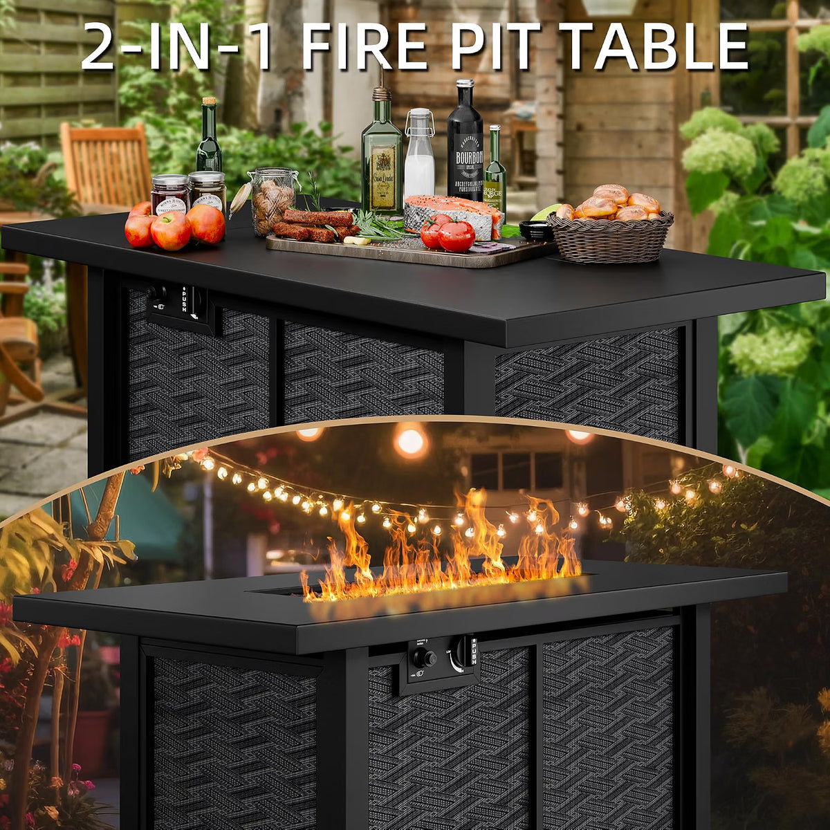 Meilocar Propane Fire Table, 43 in Outdoor Fire Pit Table with Lava Rocks, 50,000 BTU Rectangular Fire Table with Lid and Rain Cover, 2-in-1 Firepit Table for Patio, Backyard, Balcony
