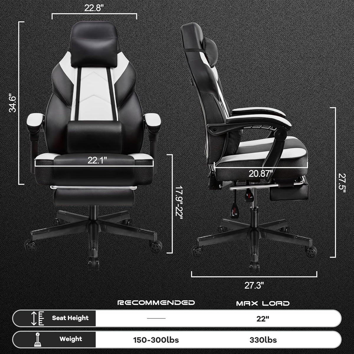 Meilocar Gaming Chair for Adults, Video Game Chair with Footrest, Big and Tall Gaming Chair Heavy Duty Computer Chair with Massage Lumbar, Ergonomic Adjustable Height and 360° Swivel Seat, PU Leather
