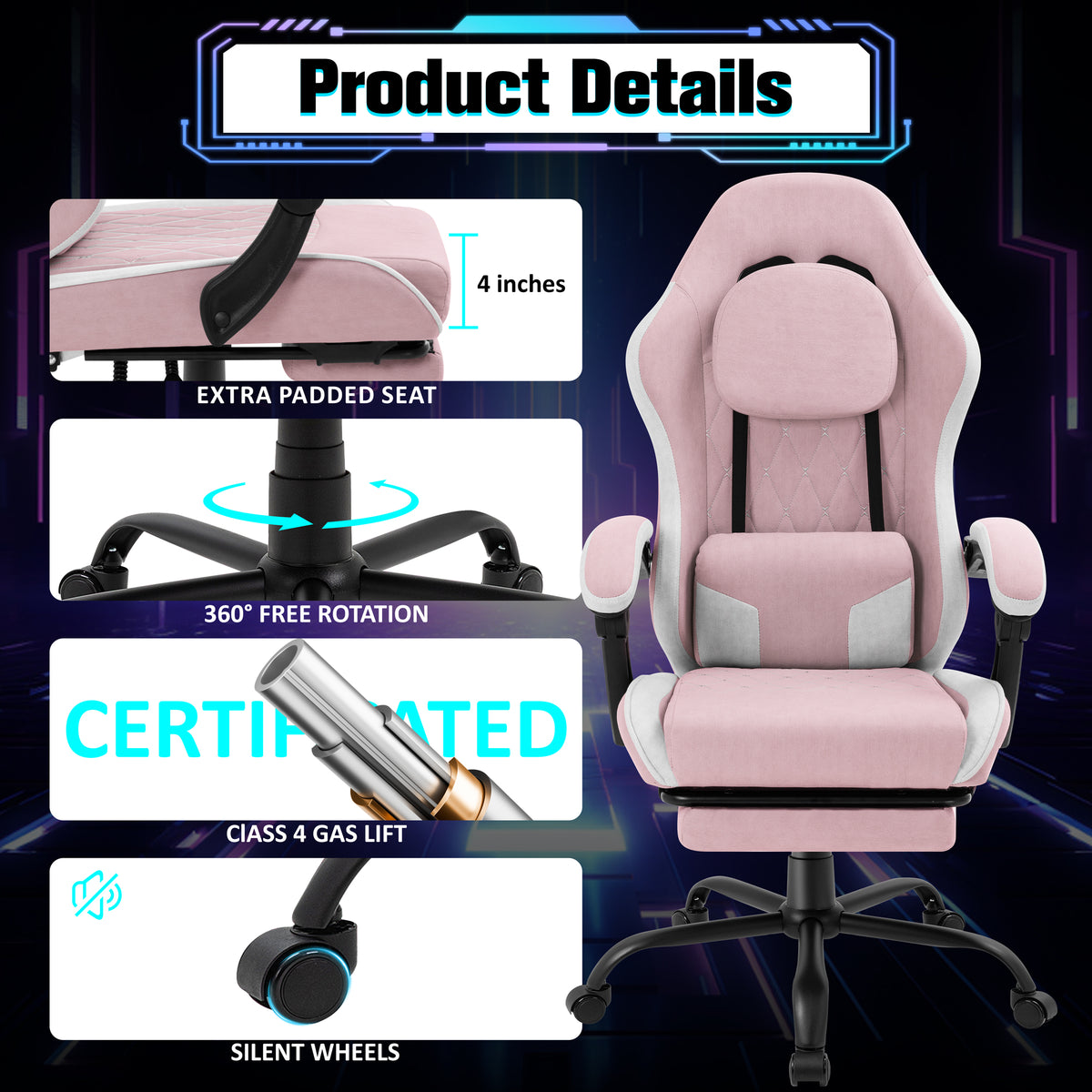 Meilocar Gaming Chair with Footrest, Ergonomic Fabric Desk Chair